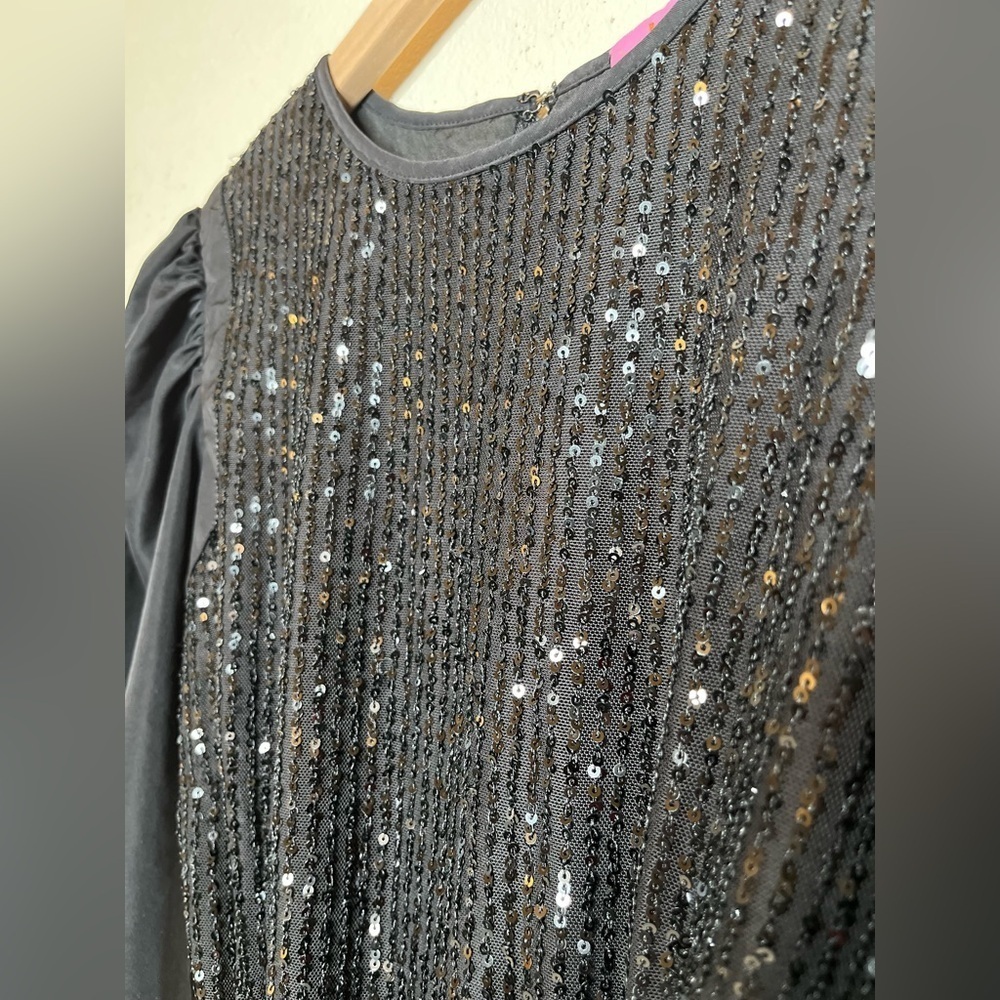 LDT Black Dress Sequin Mini Puff Sleeve Tie Waist Cocktail Holiday Party Glam - Picture 6 of 13